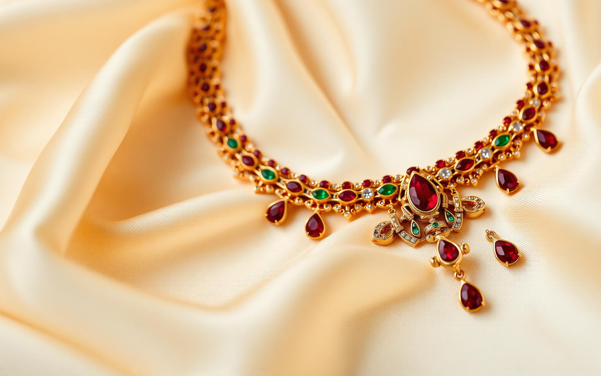 Luxury gold necklace with rubies and emeralds on ivory silk